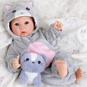 🆕17inch Soft Cloth Body Newborn Baby Poseable Limbs Gray Kitty Baby Girl